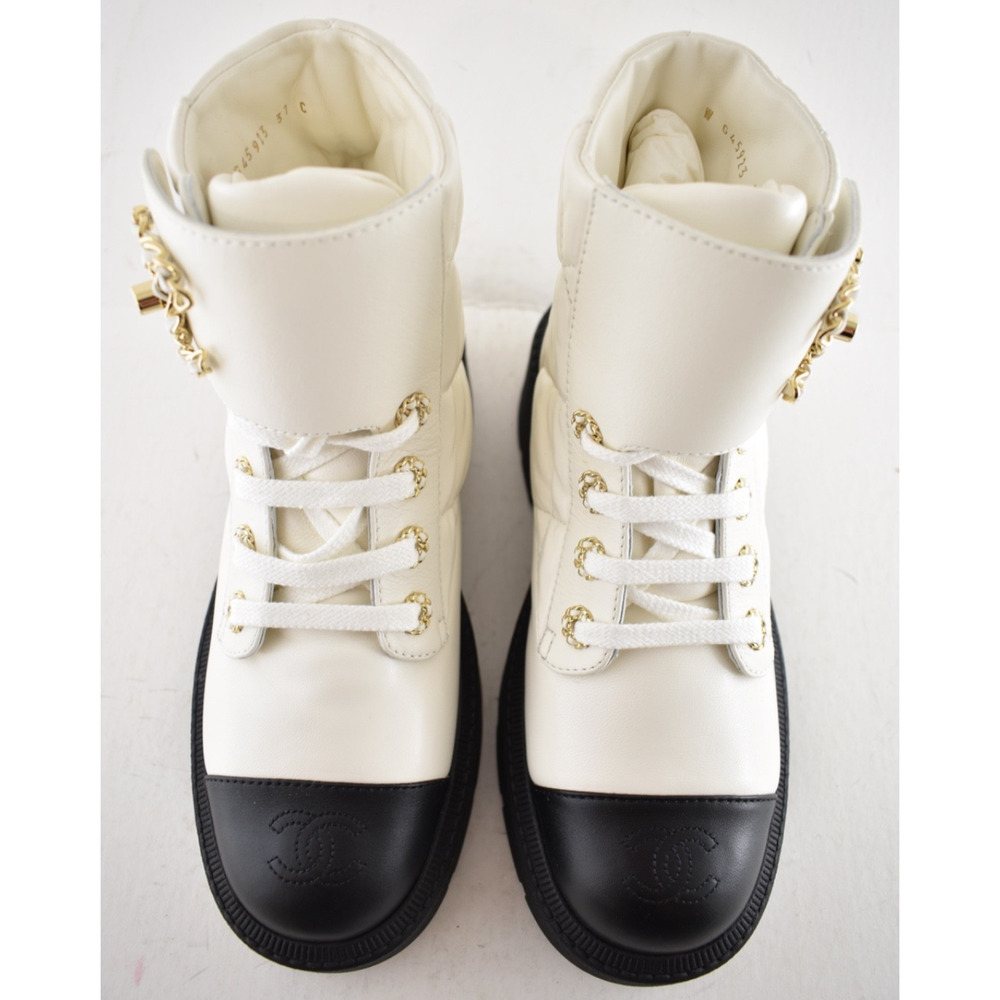 Chanel 24B White Quilt Gold CC Chain Combat Black Platform Ankle Short Boots 37c - Picture 14 of 16